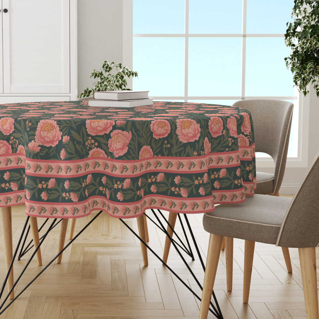 Green Pink Flowers | Premium Quality | Table Cloth/ Table Linen | Kitchen Linen