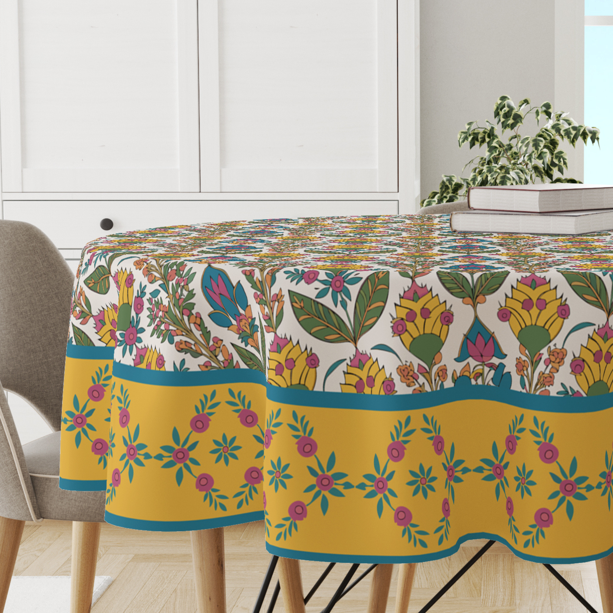 Yellow White | Premium Quality | Table Cloth/ Table Linen | Kitchen Linen
