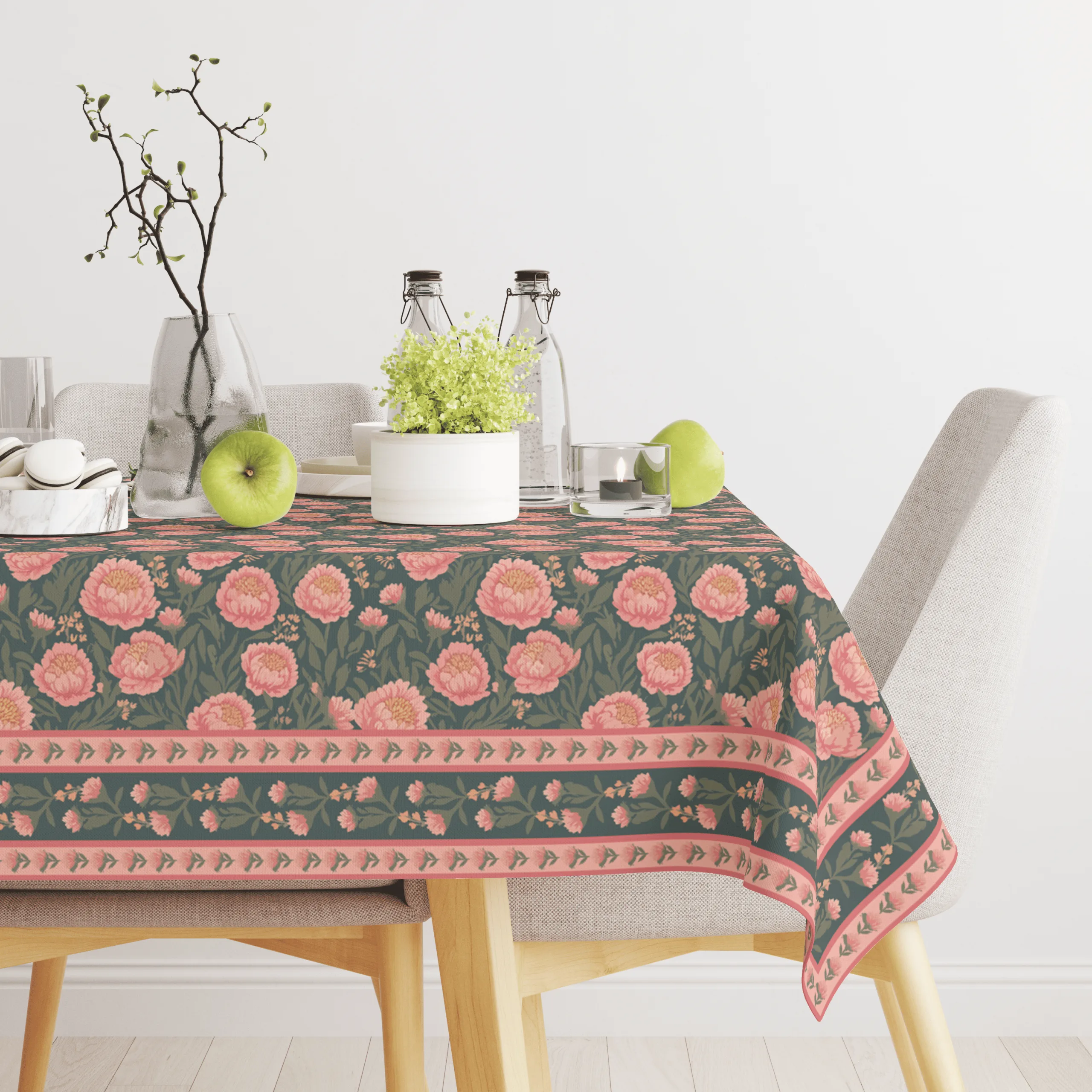 Green Flowers | Premium Quality | Table Cloth | Dining Table Cloth