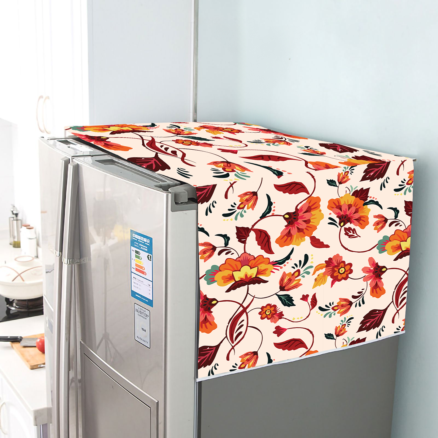 Orange Floral | Premium Quality | Fridge Cover | Fridge Protecter