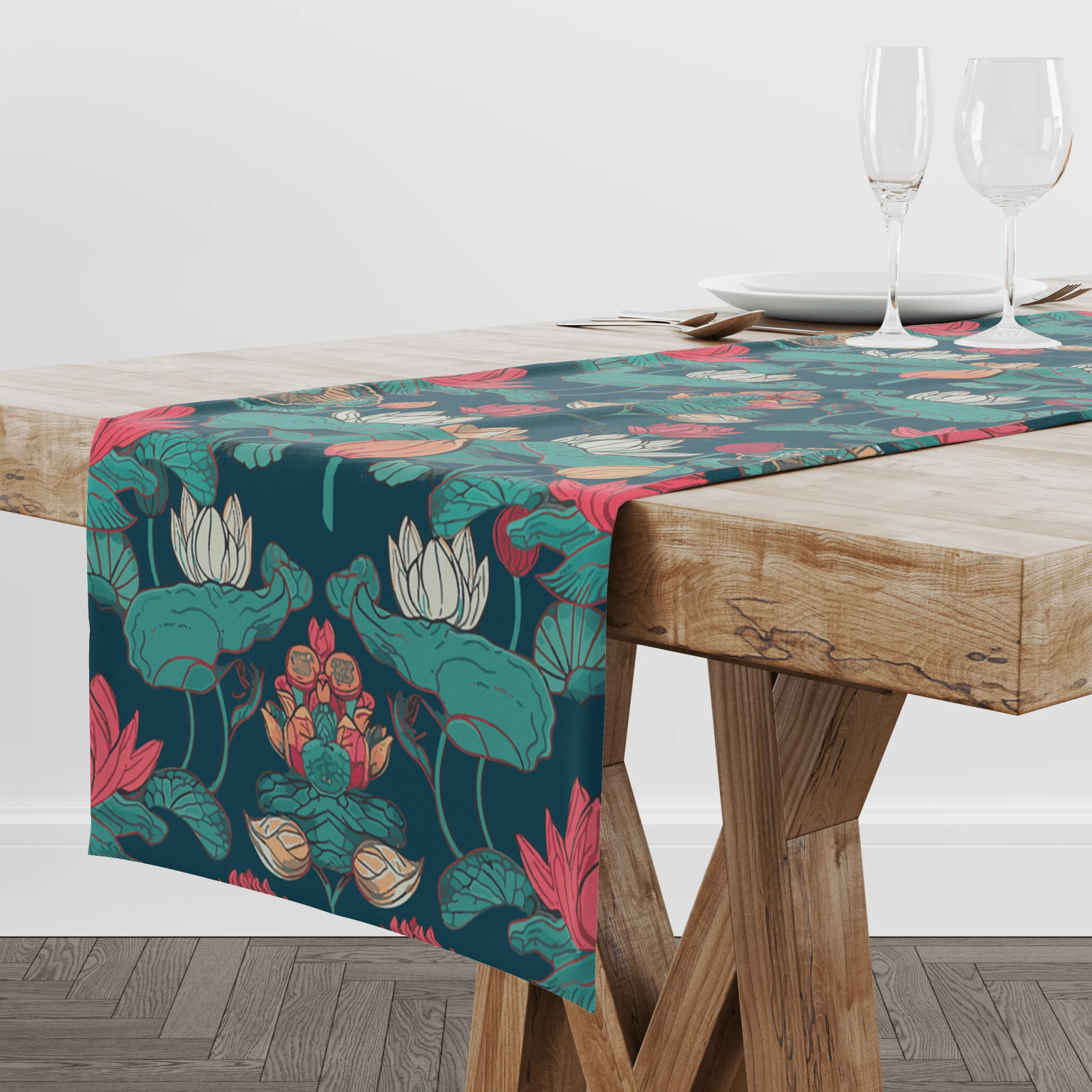 Lotus Blues | Table Linen/ Kitchen Linen| Table Runner| Premium Quality - Image 2