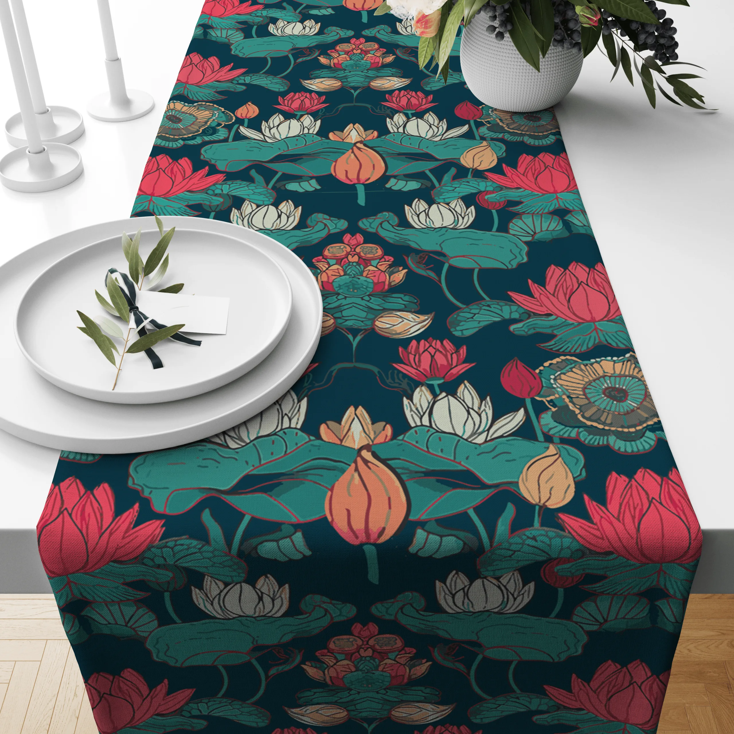 Lotus Blues | Table Linen/ Kitchen Linen| Table Runner| Premium Quality